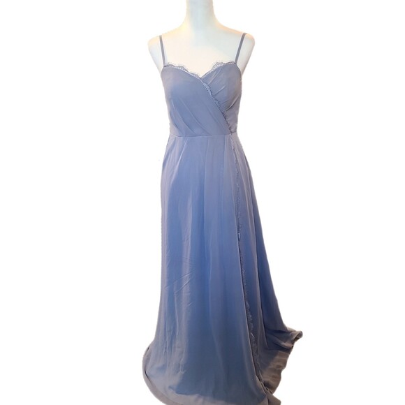 Azazie NWT Tegan Slate Blue Chiffon & Eyelash Lace Long A-line Gown, Size 4 - Picture 5 of 11